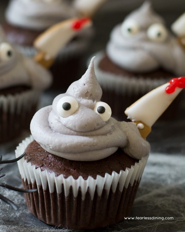 Close up of a Gluten Free Super Spooky Chocolate Cupcake Monster