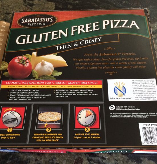 Sabatasso's Gluten Free Pizza box with ingredients