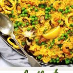 A Pinterest image of a platter of paella.