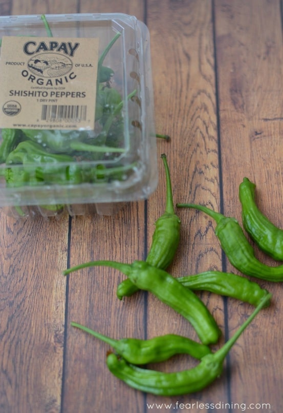 A box of organic shishito peppers.