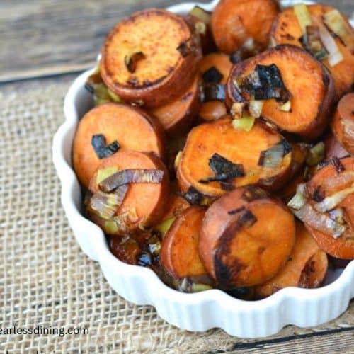Pan roasted sweet potatoes in a serving bowl.
