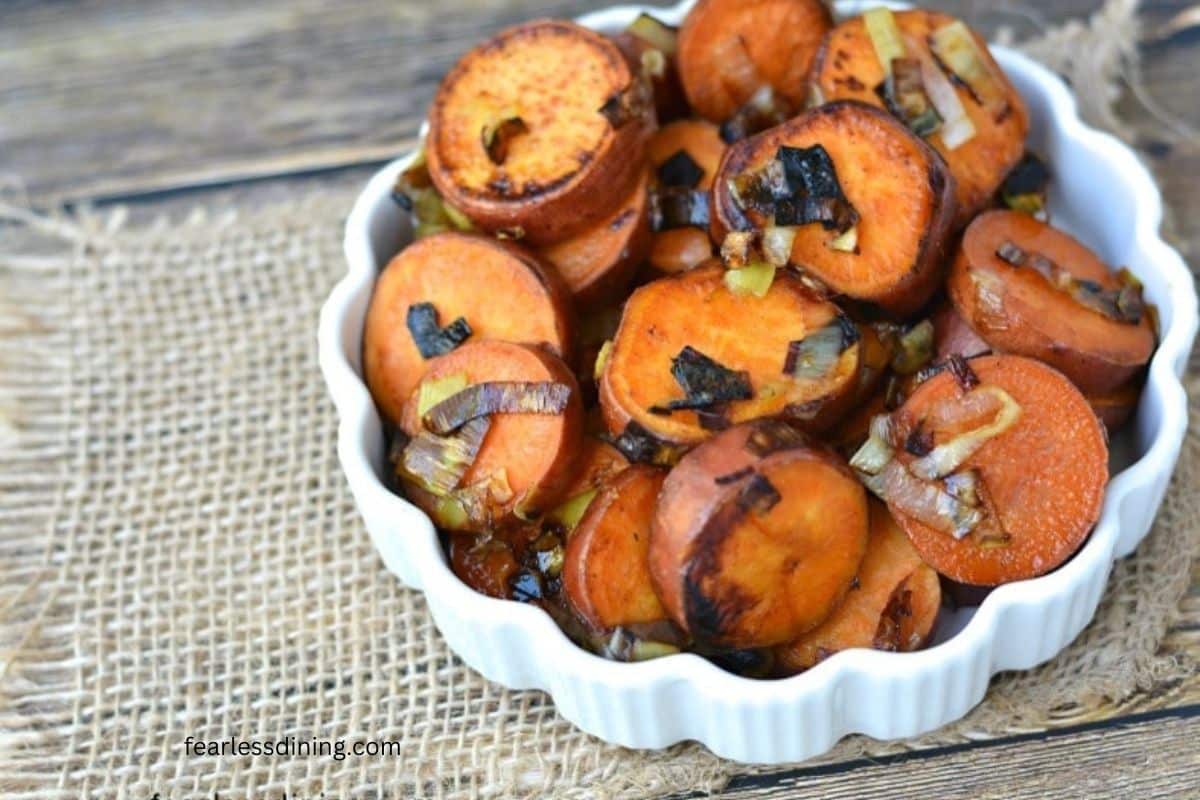 Pan roasted sweet potatoes in a serving bowl.