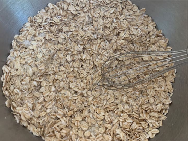 The oat cookie dry ingredients in a bowl.