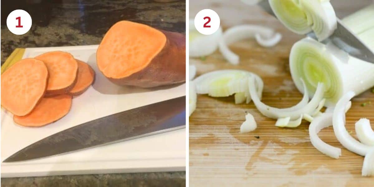 Photos showing slicing the sweet potatoes and leeks on a cutting board.