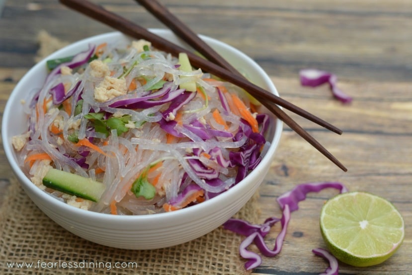 Chilled Tuna Noodle Salad in a bowl with chopsticks.