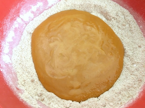 The wet and dry ingredients in the red mixing bowl.