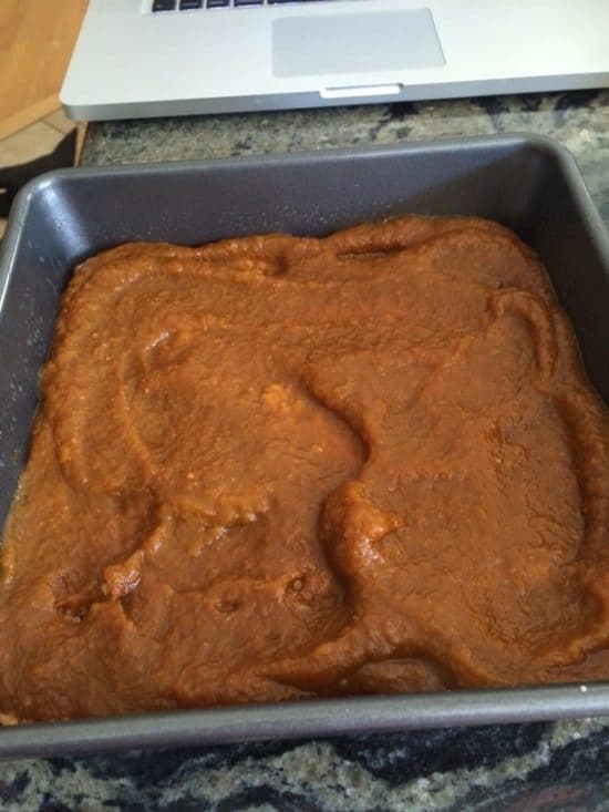 The pumpkin layer in the pan.