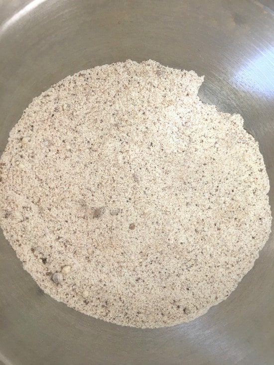 A photo of the dry ingredients in a metal mixing bowl.