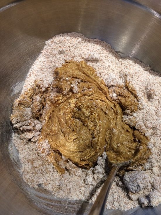 mixing the wet and dry ginger cookie ingredients together in a bowl.