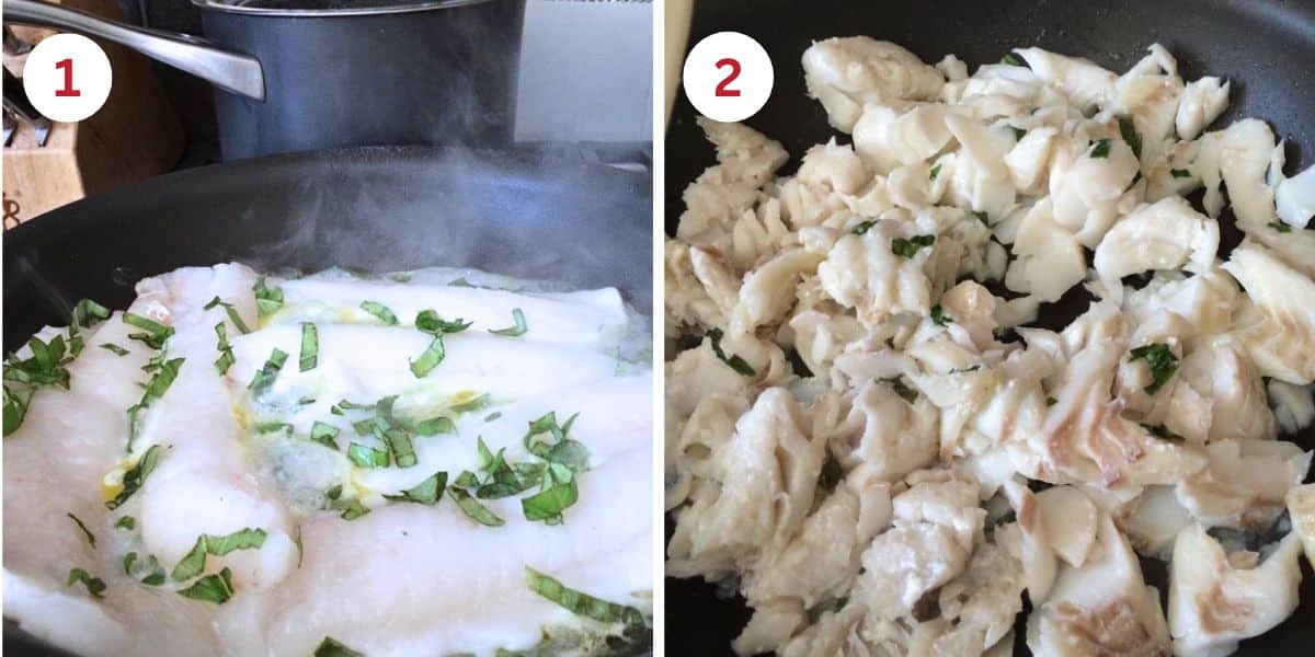 Cod cooking in a skillet and then chopped.
