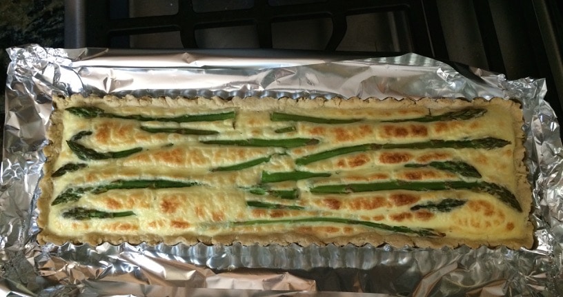 The asparagus tart coming out of the oven.