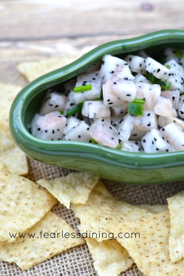 a green chile bowl of dragon fruit salsa