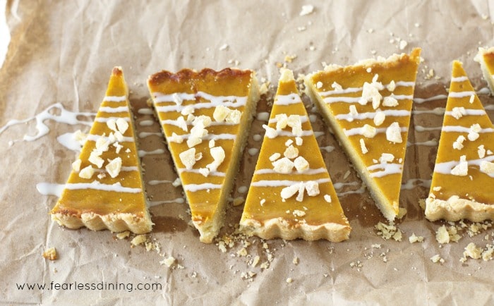 Top view of a sliced Gluten Free Butternut Squash Maple Ginger Tart.