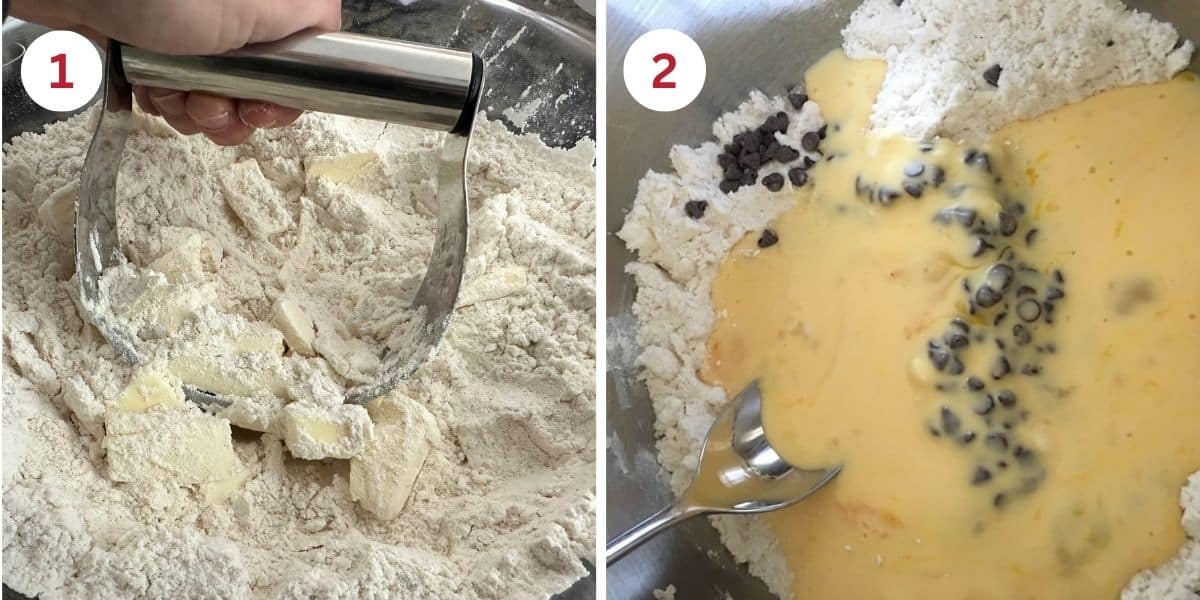 Photos of cutting in the butter into the dry ingredients and mixing the wet and dry ingredients.