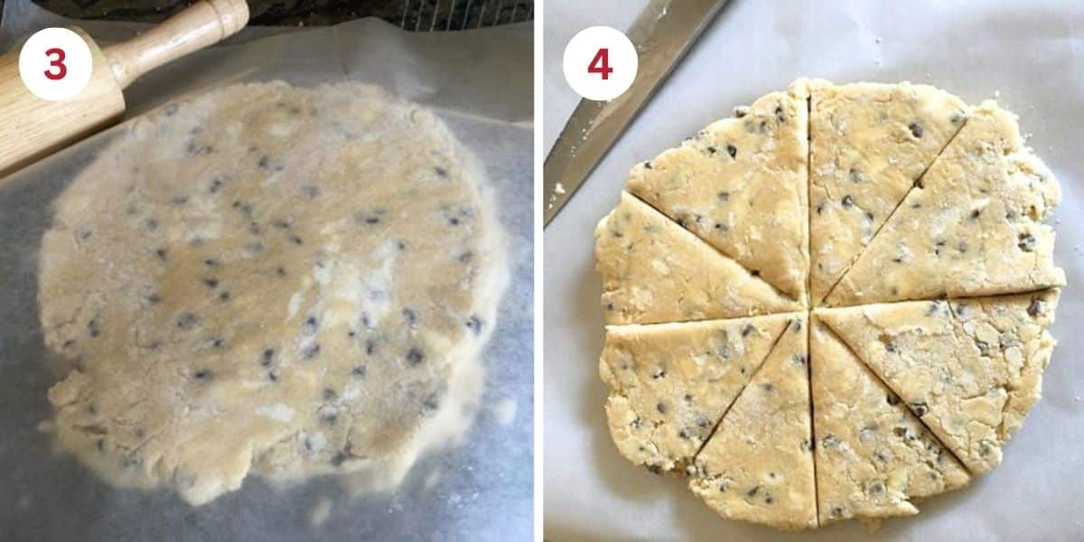 Photos rolling the scone dough and cutting it into wedges.