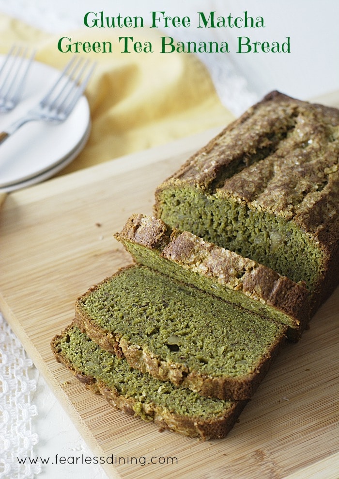 Gluten Free Matcha Green Tea Banana sliced on a cutting board.