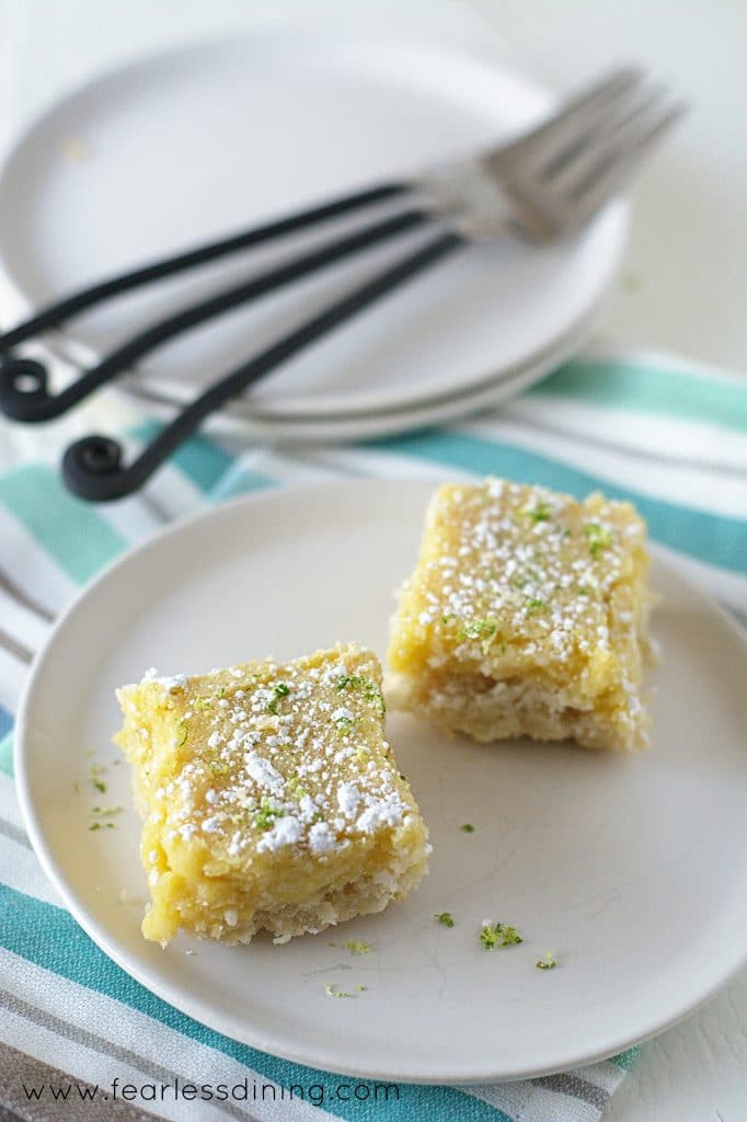 Two lime bars on a small white plate.