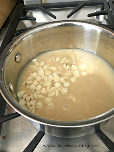 melting white chocolate in a pan