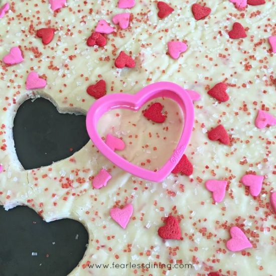 Minty White Chocolate Fudge Bites cut out with a heart shaped cookie cutter.