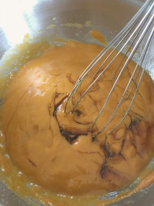 Sweet potato puree mixed with the rest of the wet ingredients.