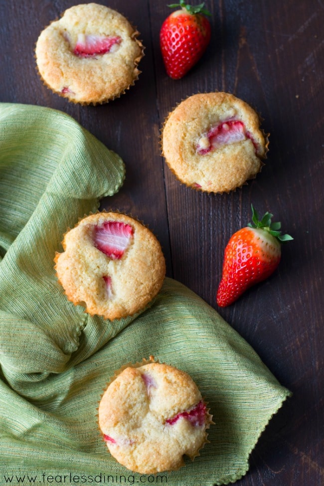 Rows of baked gluten free strawberry muffins.