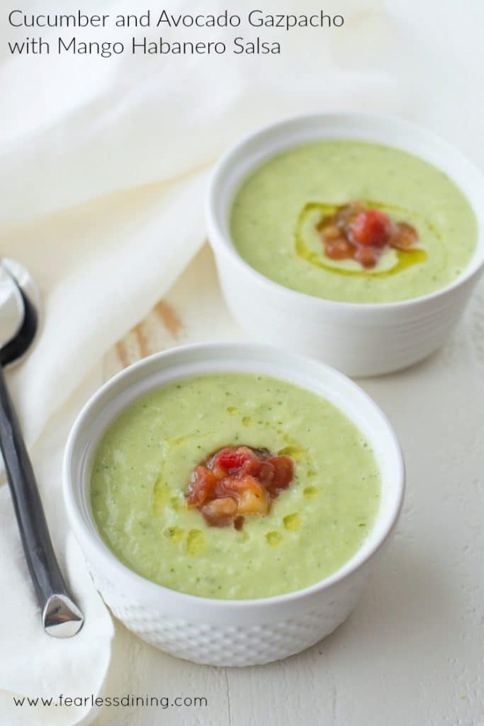 Cucumber Avocado Gazpacho with Mango Habanero Salsa is a quick and easy soup that can be made in under 5 minutes. https://www.fearlessdining.com