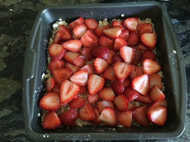 Strawberry layer in a pan.