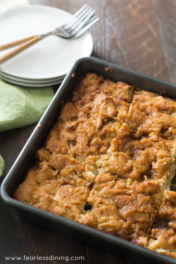 An 8x8 pan with the baked cake.