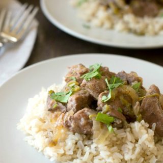 Two plates of lamb and hatch chile stew over rice.