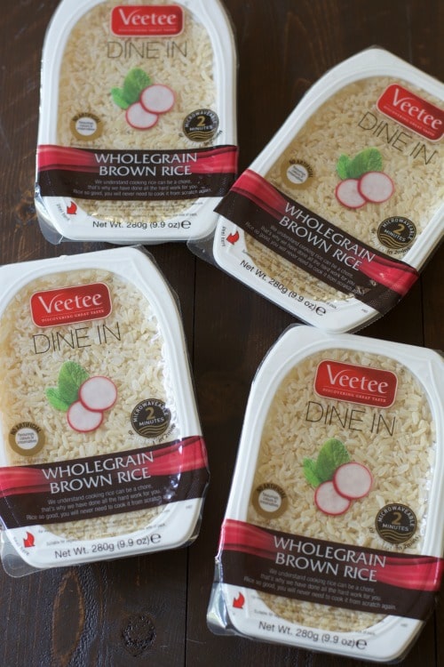 Veetee Wholegrain Brown Rice in containers.