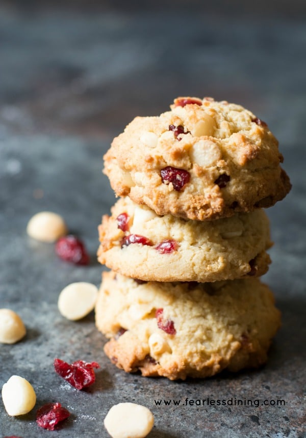 Gluten Free Cranberry White Chocolate Chip Cookies stacked on top of each other