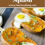 a pinterest collage of eggs baked in honeynut squash