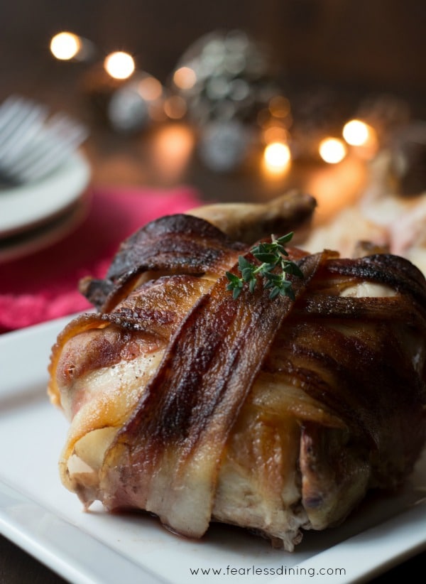 Close up of the front of a Bacon Wrapped Maple Cornish Game Hen.