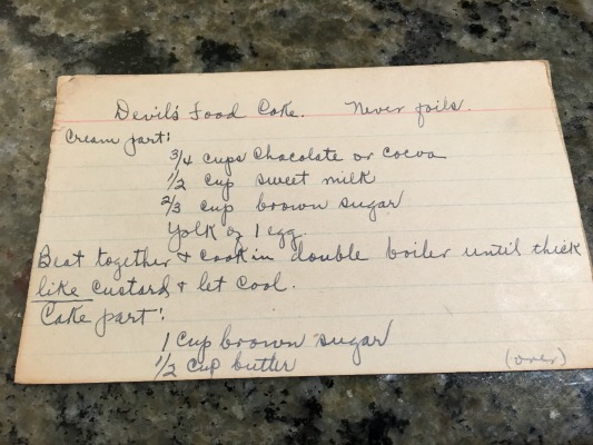 Old fashioned devil's food cake recipe card.