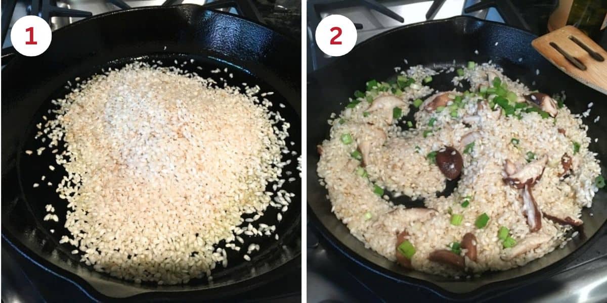 Photos showing heating the rice with olive oil then adding in the basil and mushrooms.