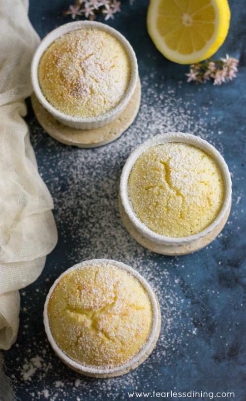The top view of Gluten Free Lemon Sour Cream Souffle Cakes .