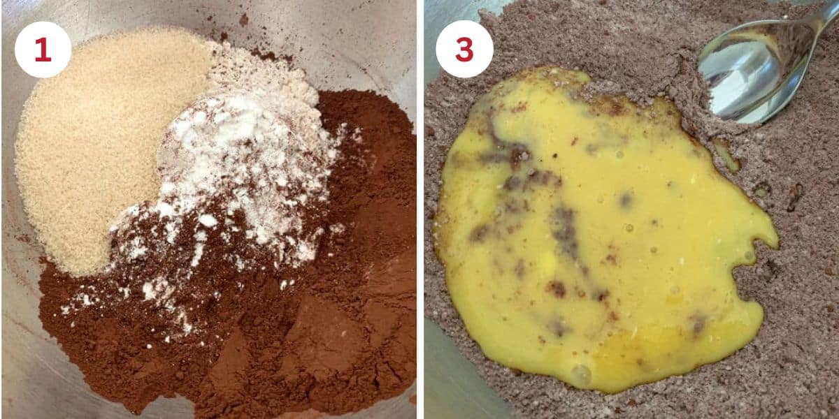 Photos showing the dry ingredients and mixing the wet and dry ingredients.