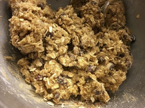 Gluten free oatmeal cookie dough in the mixing bowl.
