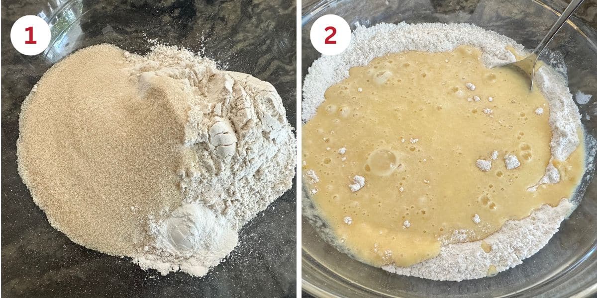 Photos of mixing the dry ingredients, then blending in the wet ingredients.