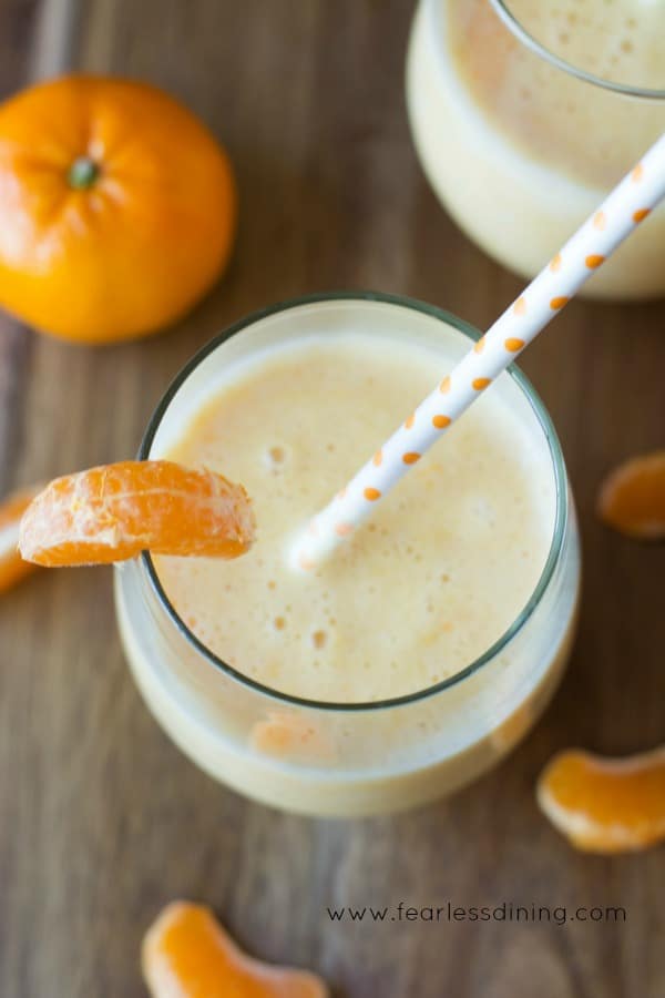 The top view of a glass filled with Vegan Creamsicle Smoothie 