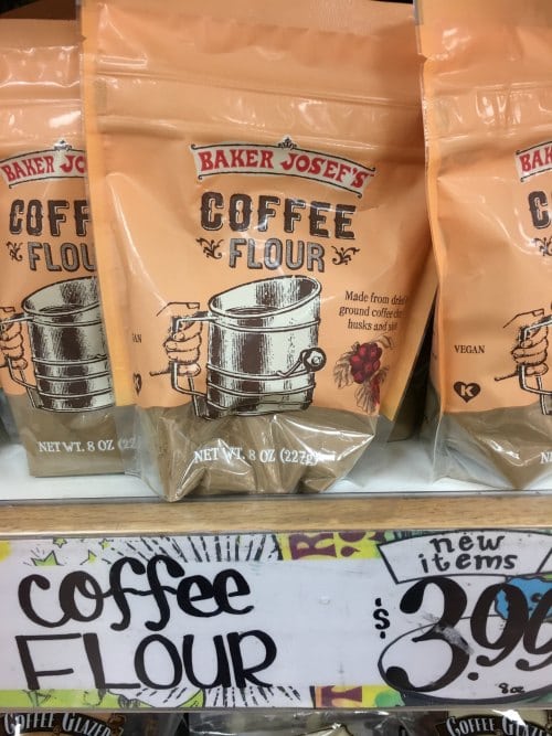 Bags of coffee flour on a store shelf