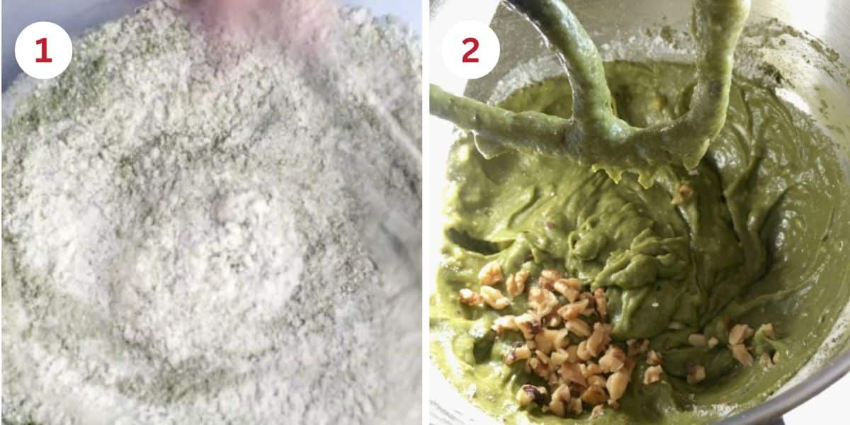 Photos of mixing the dry ingredients, then mixing the batter in a stand mixer.