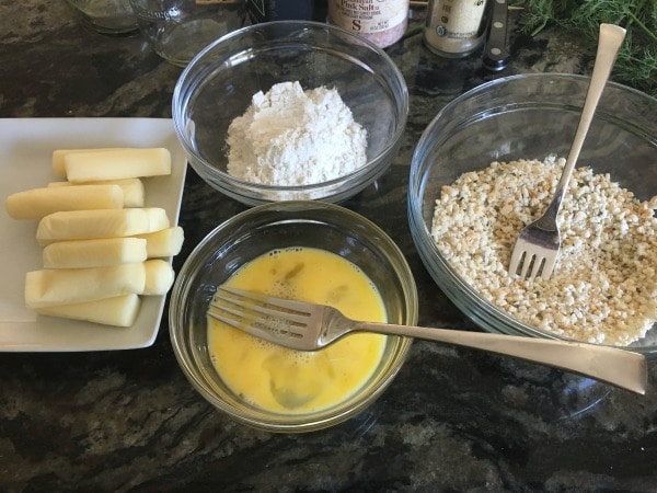 Photos of the ingredients to make gluten free fried cheese sticks.