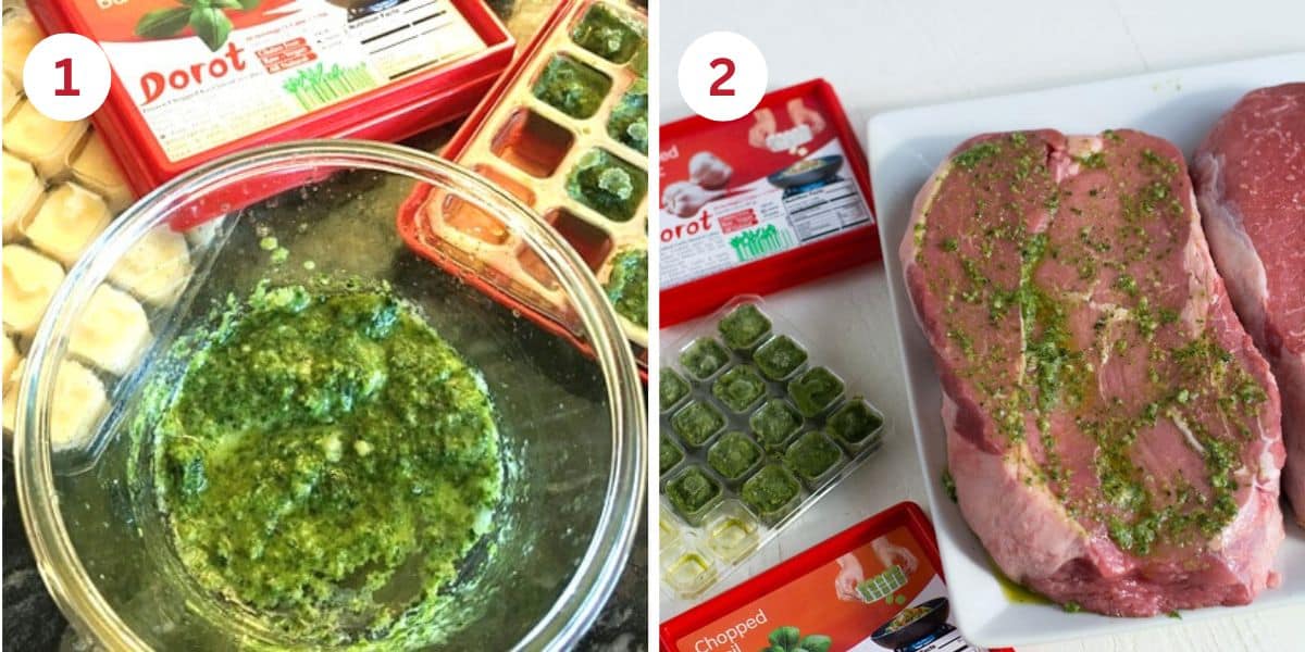 Photos of the pesto sauce and the raw steak with pesto sauce on it.