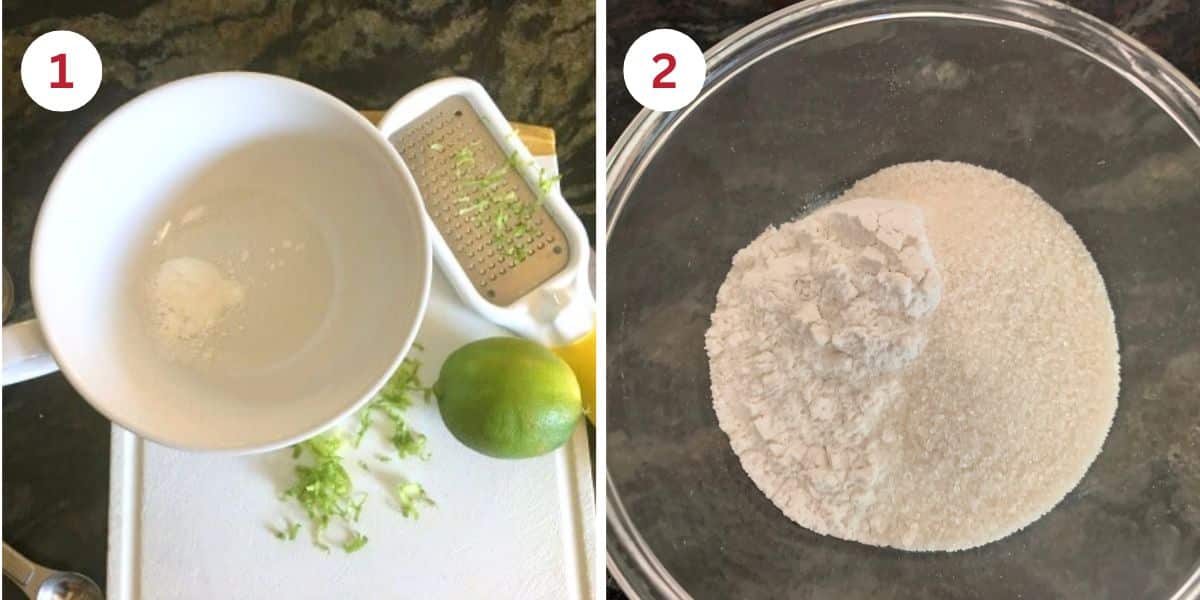 Photos showing zesting the lime and mixing up the dry ingredients in a small bowl.