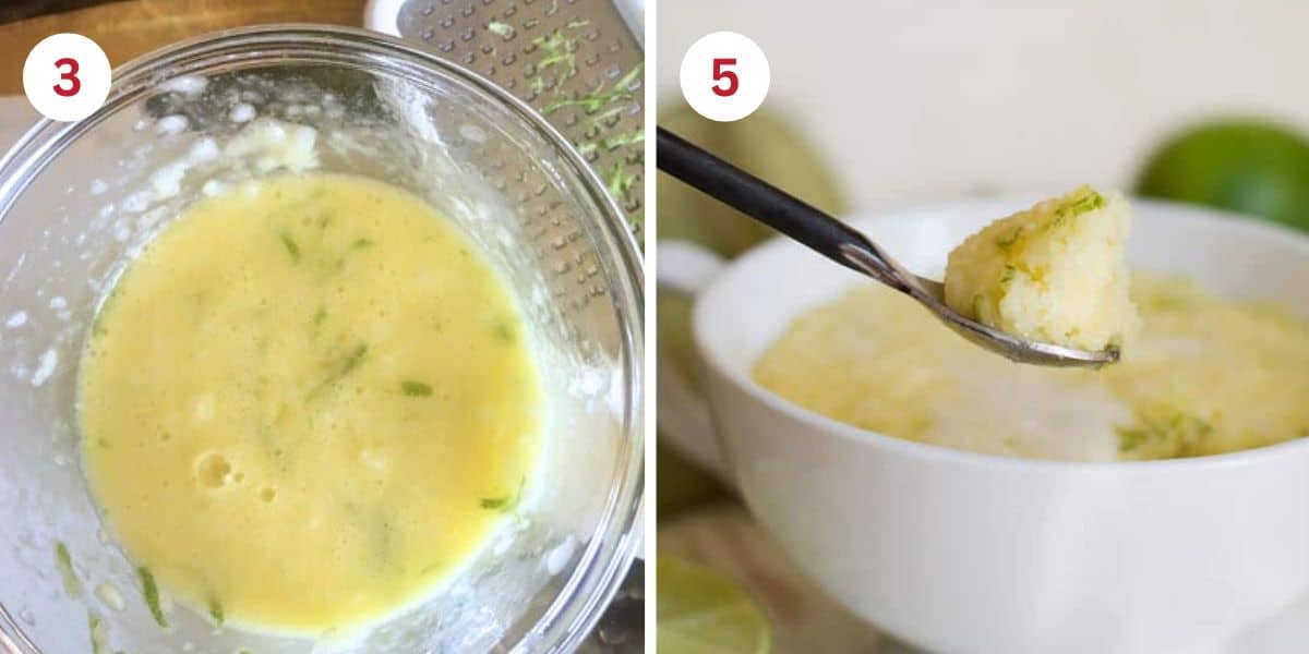 Photos showing the cake batter and a spoonful of the cooked cake.