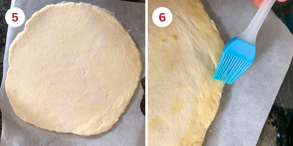 Showing rolling out the crust and brushing olive oil over the edges.
