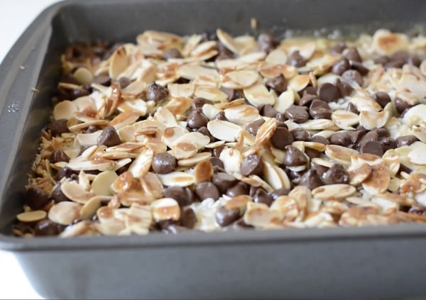 The baked magic bars in an 8x8 pan.