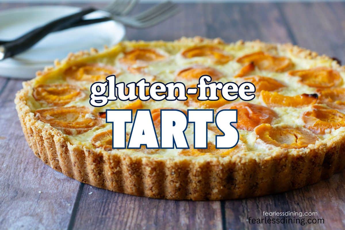 An apricot tart on a wooden table.