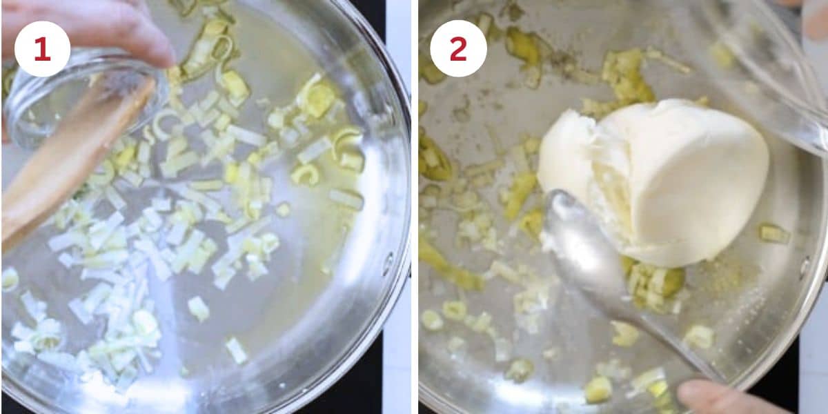 Photos cooking the sliced leeks and adding the ricotta cheese.
